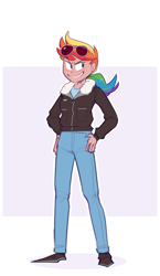 Size: 1100x1900 | Tagged: safe, artist:secretgoombaman12345, rainbow dash, human, g4, abstract background, aviator sunglasses, bomber jacket, clothes, colored sketch, female, hand on hip, human coloration, humanized, jacket, looking sideways, ponytail, short, smiling, smug, solo, sunglasses