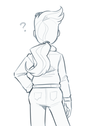 Size: 937x1288 | Tagged: safe, artist:secretgoombaman12345, rainbow dash, human, g4, ass, aviator sunglasses, bomber jacket, butt, clothes, female, hand in pocket, humanized, jacket, monochrome, ponytail, question mark, rainbutt dash, rear view, short, simple background, sketch, solo, sunglasses