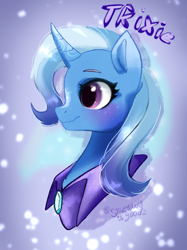 Size: 2048x2732 | Tagged: safe, artist:sjmarts, trixie, pony, unicorn, g4, abstract background, blaze (coat marking), bust, cape, clothes, coat markings, cute, diatrixes, eyelashes, facial markings, female, high res, horn, mare, portrait, profile, solo, text, trixie's cape