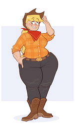 Size: 1324x2197 | Tagged: safe, artist:secretgoombaman12345, applejack, human, abstract background, applebucking thighs, applejack's hat, bandana, belt, belt buckle, boots, chubby, clothes, cowboy boots, cowboy hat, female, freckles, hand on hip, hat, human coloration, humanized, jeans, looking down, looking sideways, pants, plaid shirt, ponytail, shirt, shoes, smiling, solo, strong fat, thighs, thunder thighs, wide hips
