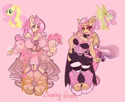 Size: 2048x1672 | Tagged: safe, artist:dumpling_ghost, fluttershy, bat pony, pegasus, anthro, g4, bare shoulders, bat ponified, big breasts, bouquet of flowers, breasts, busty fluttershy, choker, chokershy, cigarette, clothes, corset, diamond ring, dress, duality, ear piercing, earring, eyebrows, eyeshadow, female, fishnet clothing, flower, flutterbat, hand on hip, heart eyes, high heels, jewelry, makeup, piercing, pigeon toed, pink background, race swap, ring, shoes, simple background, socks, striped socks, thigh highs, wide hips, wingding eyes