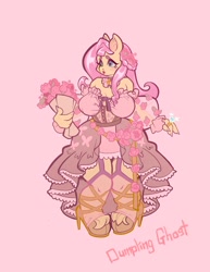 Size: 1582x2048 | Tagged: safe, alternate version, artist:dumpling_ghost, fluttershy, pegasus, anthro, g4, bare shoulders, big breasts, bouquet of flowers, breasts, busty fluttershy, choker, clothes, diamond ring, dress, eyebrows, female, flower, heart eyes, high heels, jewelry, pigeon toed, pink background, ring, shoes, simple background, solo, wide hips, wingding eyes