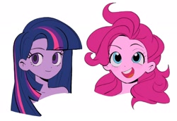 Size: 2048x1406 | Tagged: safe, artist:c_a__r_g_o, pinkie pie, twilight sparkle, equestria girls, g4, bare shoulders, bust, cute, duo, female, open mouth, portrait, simple background, white background