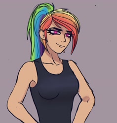 Size: 3880x4096 | Tagged: safe, artist:opal_radiance, rainbow dash, human, g4, breasts, clothes, female, gray background, high res, humanized, looking at you, ponytail, simple background, sleeveless, smiling, smiling at you, solo, tank top