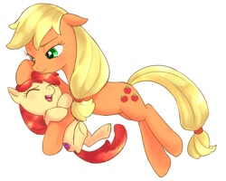 Size: 1000x800 | Tagged: safe, artist:demiesop, apple bloom, applejack, earth pony, pony, g4, adorabloom, cute, female, filly, foal, jackabetes, mare, siblings, simple background, sisters, white background