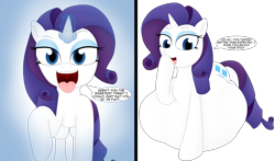 Size: 3716x2186 | Tagged: safe, artist:girlsvoreboys, rarity, pony, unicorn, g4, 2 panel comic, bedroom eyes, belly, big belly, comic, endosoma, female, high res, imminent vore, looking at you, magic, magic aura, mare, mawshot, non-fatal vore, offscreen character, open mouth, pov, raripred, simple background, speech bubble, squirming, talking to viewer, text, tongue out, transparent background, uvula, vore