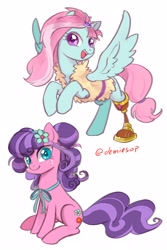 Size: 2000x3000 | Tagged: safe, artist:demiesop, kerfuffle, petunia petals, earth pony, pegasus, pony, g4, 2020, amputee, duo, female, flower, flower in hair, high res, mare, open mouth, open smile, prosthetic leg, prosthetic limb, prosthetics, rearing, simple background, smiling, white background