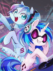 Size: 800x1067 | Tagged: safe, artist:demiesop, kotobukiya, dj pon-3, vinyl scratch, earth pony, pony, unicorn, g4, anime, crossover, duo, female, hatsune miku, headphones, kotobukiya hatsune miku pony, mare, ponified, smiling, turntable, vocaloid