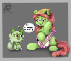 Size: 2999x2568 | Tagged: safe, artist:valemjj, tree hugger, earth pony, pony, sprigatito, g4, bloodshot eyes, bong, crossover, duo, eye contact, grammar error, headscarf, high res, implied marijuana, looking at each other, looking at someone, pokémon, scarf, simple background, text, watermark