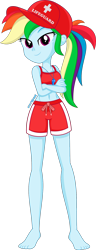 Size: 800x2078 | Tagged: safe, artist:mr-breadman, rainbow dash, equestria girls, g4, bare shoulders, barefoot, belly button, clothes, crossed arms, feet, female, hat, lifeguard, lifeguard dash, rainbow dashs coaching whistle, show accurate, simple background, sleeveless, smiling, solo, swimming trunks, swimsuit, transparent background, vector, whistle