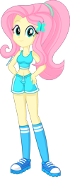 Size: 800x2018 | Tagged: safe, artist:mr-breadman, fluttershy, equestria girls, g4, bare shoulders, belly button, clothes, female, hand on hip, jogging, shorts, show accurate, simple background, sleeveless, socks, solo, sports bra, sports shoes, sports shorts, transparent background, vector