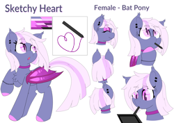 Size: 7658x5417 | Tagged: safe, artist:gnashie, oc, oc only, oc:sketchy heart, bat pony, pony, :o, absurd resolution, bat pony oc, bracelet, chest fluff, choker, colored hooves, cutie mark, drawing, drawing tablet, ear fluff, ear piercing, ear tufts, earring, eyebrows, eyebrows visible through hair, eyes closed, eyeshadow, female, full body, hooves, jewelry, makeup, mare, mouth hold, open mouth, piercing, raised hoof, reference sheet, simple background, slit pupils, smiling, solo, standing, tablet, tablet pen, tail, text, thinking, two toned mane, two toned tail, white background, wings