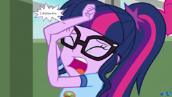 Size: 1863x1048 | Tagged: safe, artist:fab3716, edit, edited screencap, screencap, sci-twi, twilight sparkle, human, equestria girls, g4, my little pony equestria girls: legend of everfree, female, french, glasses, open mouth, solo, speech bubble, translated in the description