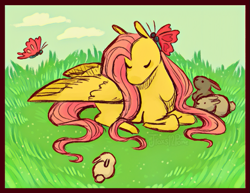 Size: 633x488 | Tagged: safe, artist:jroxs12pone, fluttershy, butterfly, pegasus, pony, rabbit, g4, animal, cute, eyes closed, female, grass, lying down, mare, meadow, outdoors, prone, redraw, shyabetes, solo, turned head, wings