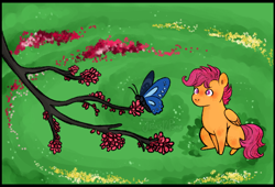 Size: 696x473 | Tagged: safe, artist:jroxs12pone, scootaloo, butterfly, pegasus, pony, g4, cute, cutealoo, female, filly, foal, looking up, meadow, no pupils, redraw, sitting, solo, tree branch
