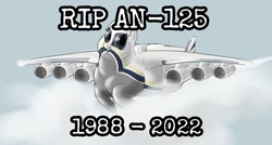Size: 1280x684 | Tagged: safe, artist:calorie, edit, oc, oc only, original species, plane pony, pony, antonov 225, cloud, current events, fat, in memoriam, jet, looking at you, monochrome, plane, rest in peace, solo