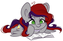 Size: 2430x1605 | Tagged: safe, artist:emberslament, oc, oc only, oc:evening prose, pegasus, pony, book, eyebrows, eyebrows visible through hair, female, freckles, hooves on cheeks, jewelry, lying down, mare, necklace, no pupils, pearl necklace, pegasus oc, prone, simple background, solo, tail, transparent background, two toned mane, two toned tail, wings