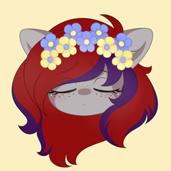 Size: 2000x2000 | Tagged: safe, artist:yomechka, oc, oc only, oc:evening prose, pegasus, pony, eyes closed, female, floral head wreath, flower, freckles, high res, jewelry, mare, necklace, pearl necklace