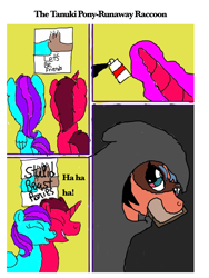 Size: 768x1024 | Tagged: safe, earth pony, hybrid, pegasus, pony, raccoon, raccoon pony, unicorn, bna: brand new animal, butt, comic, plot, ponified