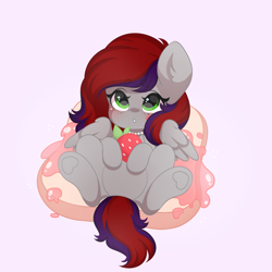 Size: 2000x2000 | Tagged: safe, artist:yomechka, oc, oc only, oc:evening prose, oc:strawberry jam, pegasus, pony, blushing, bread, ear fluff, eyebrows, eyebrows visible through hair, eyelashes, feathered wings, female, folded wings, food, freckles, green eyes, high res, jewelry, looking at you, lying down, mare, necklace, on back, pearl necklace, pink background, red hair, simple background, sitting, solo, strawberry, underhoof, wings