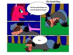 Size: 1024x768 | Tagged: safe, earth pony, hybrid, pony, raccoon, raccoon pony, unicorn, bna: brand new animal, comic, ponified