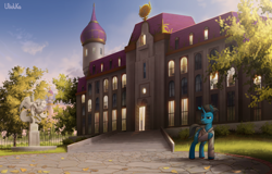 Size: 3800x2433 | Tagged: safe, artist:uliovka, oc, oc only, oc:slashing prices, pony, unicorn, architecture, canterlot, clothes, cloud, colored hooves, commission, complex background, day, detailed background, door, eyebrows, fountain, grass, high res, hoodie, hoof on chest, horn, lidded eyes, male, mansion, outdoors, raised tail, robe, sky, smiling, smirk, smug, solo, stallion, statue, tail, tree, unicorn oc, unshorn fetlocks, window