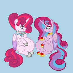 Size: 2048x2048 | Tagged: safe, artist:chelseawest, oc, oc:mi amore rose heart, oc:mi amore ruby heart, alicorn, pony, alicorn oc, alternate universe, belly, bonding, cute, female, high res, hoof on belly, horn, hyper, hyper belly, hyper pregnancy, impossibly large belly, kicking, mother and child, mother and daughter, multiple pregnancy, ocbetes, offspring, offspring's offspring, parent:oc:glimmering shield, parent:oc:mi amore rose heart, parent:oc:silk tie, parent:princess flurry heart, parents:canon x oc, parents:oc x oc, petalverse, pregnant, sitting, wings