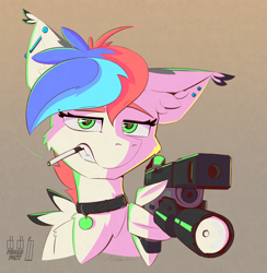 Size: 1800x1846 | Tagged: safe, artist:pedalspony, oc, oc:pedals, beige background, bust, cigarette, collar, delet this, ear piercing, female, flashlight (object), glock, gradient background, gun, looking at you, piercing, pistol, scowl, simple background, smoking, sticker, trans female, transgender, tricolor mane, weapon, wing hands, wing hold, wings
