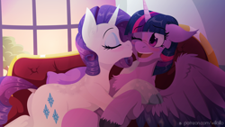 Size: 1920x1080 | Tagged: safe, artist:willoillo, rarity, twilight sparkle, alicorn, pony, unicorn, g4, cheek kiss, chest fluff, dock, duo, female, kissing, lesbian, looking at each other, looking at someone, mare, ship:rarilight, shipping, smiling, sunset, tail, twilight sparkle (alicorn), wallpaper, wings