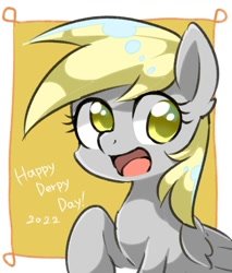 Size: 1024x1200 | Tagged: safe, artist:yukkuri_yu_yu, derpy hooves, pegasus, pony, g4, 2022, bust, cute, derp, derpabetes, derpy day, female, folded wings, looking at you, mare, open mouth, open smile, smiling, smiling at you, solo, wings