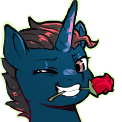 Size: 1159x1159 | Tagged: safe, artist:cold-blooded-twilight, oc, oc:slashing prices, pony, unicorn, commission, cowlick, eyebrows, flower, flower in mouth, horn, icon, looking at you, male, mouth hold, one eye closed, rose, rose in mouth, simple background, smiling, smirk, solo, stallion, teeth, transparent background, unicorn oc, wink