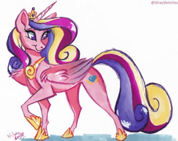 Size: 600x478 | Tagged: safe, artist:stray-sketches, princess cadance, alicorn, pony, g4, female, looking back, mare, prismacolors, simple background, smiling, solo, traditional art, white background