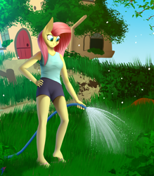 Size: 3500x4000 | Tagged: safe, artist:darky_wings, fluttershy, anthro, plantigrade anthro, comic:troubles of being breezie, g4, clothes, comic, commission, feet, female, flip-flops, fluttershy's cottage, garden, grass, heel pop, one-panel comic, sandals, shorts, unaware, water, water hose