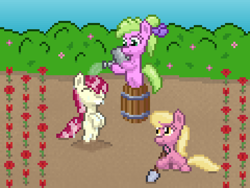 Size: 960x720 | Tagged: safe, artist:nitobit, daisy, flower wishes, lily, lily valley, roseluck, earth pony, pony, g4, alternate hairstyle, barrel, bush, cute, female, filly, flower, flower trio, foal, garden, pixel art, shovel, watering can, wet, wet mane, younger