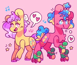Size: 2638x2222 | Tagged: safe, artist:cocopudu, oc, oc only, earth pony, pony, g1, duo, female, heart, high res, mare, music notes, open mouth, open smile, pictogram, pink background, roller skates, simple background, smiling, stars, white pupils
