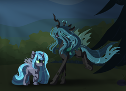Size: 4536x3288 | Tagged: safe, artist:stormcloud-yt, queen chrysalis, oc, changeling, changeling queen, pony, g4, base used, changeling queen oc, duo, outdoors, parent:queen chrysalis