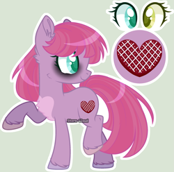 Size: 1973x1955 | Tagged: safe, artist:mint-light, artist:stormcloud-yt, oc, oc only, oc:sweetie pie, earth pony, pony, bags under eyes, base used, female, heterochromia, looking back, mare, offspring, parent:party favor, parent:pinkie pie, parents:partypie, raised hoof, simple background, smiling, solo
