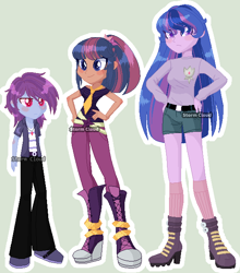 Size: 562x638 | Tagged: safe, artist:stormcloud-yt, oc, oc only, oc:bright star, oc:holy mind, oc:shimmer sparkle, equestria girls, g4, base used, boots, clothes, equestria girls-ified, female, height difference, high heel boots, male, offspring, pants, parent:flash sentry, parent:twilight sparkle, parents:flashlight, shoes, shorts, simple background, smiling, solo