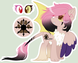 Size: 2929x2353 | Tagged: safe, artist:mint-light, artist:stormcloud-yt, oc, oc only, oc:misrule, oc:misrule shy, draconequus, hybrid, base used, bat wings, chest fluff, draconequus oc, ear fluff, eyelashes, heterochromia, high res, interspecies offspring, looking back, mismatched wings, offspring, one wing out, parent:discord, parent:fluttershy, parents:discoshy, paw prints, simple background, solo, wings