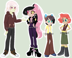 Size: 785x633 | Tagged: safe, artist:stormcloud-yt, oc, oc:abaddon, oc:abyss, oc:demise, oc:misrule, oc:misrule shy, hybrid, equestria girls, g4, base used, clothes, equestria girls-ified, female, hand on hip, heterochromia, high heels, interspecies offspring, male, offspring, pants, parent:discord, parent:fluttershy, parents:discoshy, shoes, shorts, simple background