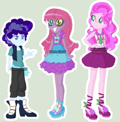 Size: 581x588 | Tagged: safe, artist:stormcloud-yt, oc, oc only, oc:blueberry pie, oc:gentle cream, oc:sweetie pie, equestria girls, g4, bags under eyes, base used, clothes, equestria girls-ified, female, grin, heterochromia, high heels, male, offspring, parent:party favor, parent:pinkie pie, parents:partypie, shoes, simple background, skirt, smiling