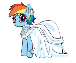 Size: 2043x1712 | Tagged: safe, artist:_ton618_, rainbow dash, pegasus, pony, g4, aggie.io, blushing, clothes, dress, female, flower, flower in hair, looking at you, mare, rainbow dash always dresses in style, simple background, smiling, solo, wedding dress, white background