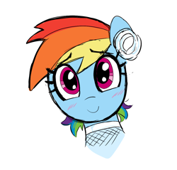 Size: 1104x1056 | Tagged: safe, artist:_ton618_, rainbow dash, pegasus, pony, g4, aggie.io, blushing, bust, clothes, dress, female, flower, flower in hair, looking at you, mare, portrait, simple background, smiling, solo, wedding dress, white background