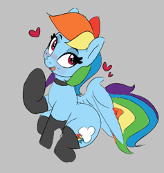 Size: 331x349 | Tagged: safe, artist:pabbley, rainbow dash, pegasus, pony, aggie.io, blushing, clothes, collar, female, heart, looking at you, looking up, mare, open mouth, raised hoof, sexy, simple background, sitting, smiling, socks, solo, spread wings, stupid sexy rainbow dash, wings