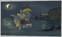Size: 346x212 | Tagged: safe, artist:pabbley, derpy hooves, pegasus, pony, whale, g4, aggie.io, boat, clothes, desert, flying, hat, lighthouse, lowres, mail, mailbag, moon, night, night sky, ocean, simple background, sky, smiling, solo, spread wings, stars, water, wings