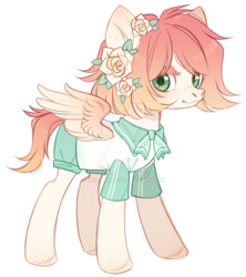 Size: 1024x1153 | Tagged: safe, artist:miioko, oc, oc only, pegasus, pony, clothes, deviantart watermark, flower, flower in hair, obtrusive watermark, pegasus oc, simple background, smiling, solo, watermark, white background, wings