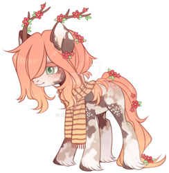 Size: 1024x1050 | Tagged: safe, artist:miioko, oc, oc only, pony, antlers, clothes, deviantart watermark, hair over one eye, obtrusive watermark, scarf, simple background, solo, watermark, white background