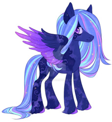 Size: 1024x1117 | Tagged: safe, artist:miioko, oc, oc only, pegasus, pony, deviantart watermark, ethereal mane, hair over one eye, obtrusive watermark, pegasus oc, simple background, solo, starry mane, starry wings, watermark, white background, wings