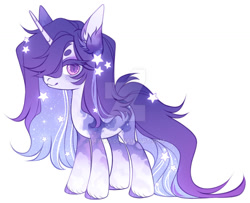 Size: 1024x830 | Tagged: safe, artist:miioko, oc, oc only, pony, unicorn, deviantart watermark, ethereal mane, hair over one eye, horn, obtrusive watermark, simple background, smiling, solo, starry mane, unicorn oc, watermark, white background