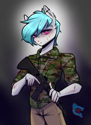 Size: 935x1280 | Tagged: safe, artist:paintedcora, oc, oc only, oc:nimbus cloudington, earth pony, anthro, assault rifle, bedroom eyes, blood, clothes, digital art, ear fluff, ear piercing, earring, eyebrows, eyelashes, gun, industrial piercing, jewelry, lidded eyes, looking at you, male, pants, piercing, rifle, shirt, simple background, solo, tail, tired, weapon